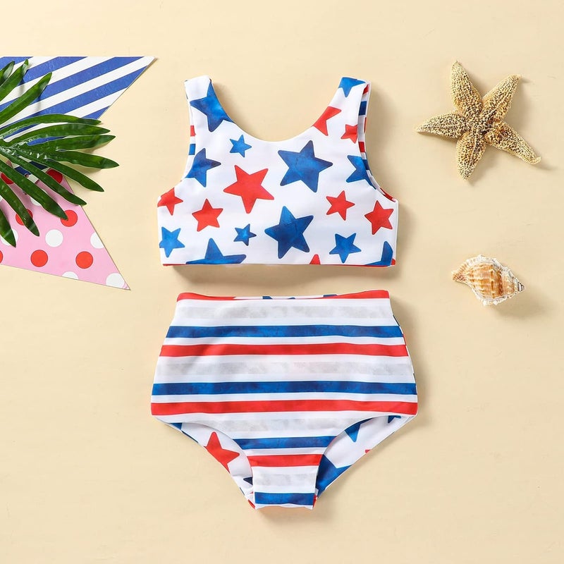 Karuedoo Toddler Baby Girl 4th of July Swimsuit American Flag Bathing Suit Stars Stripes Bikini Set Two Piece Swimwear - Image 3
